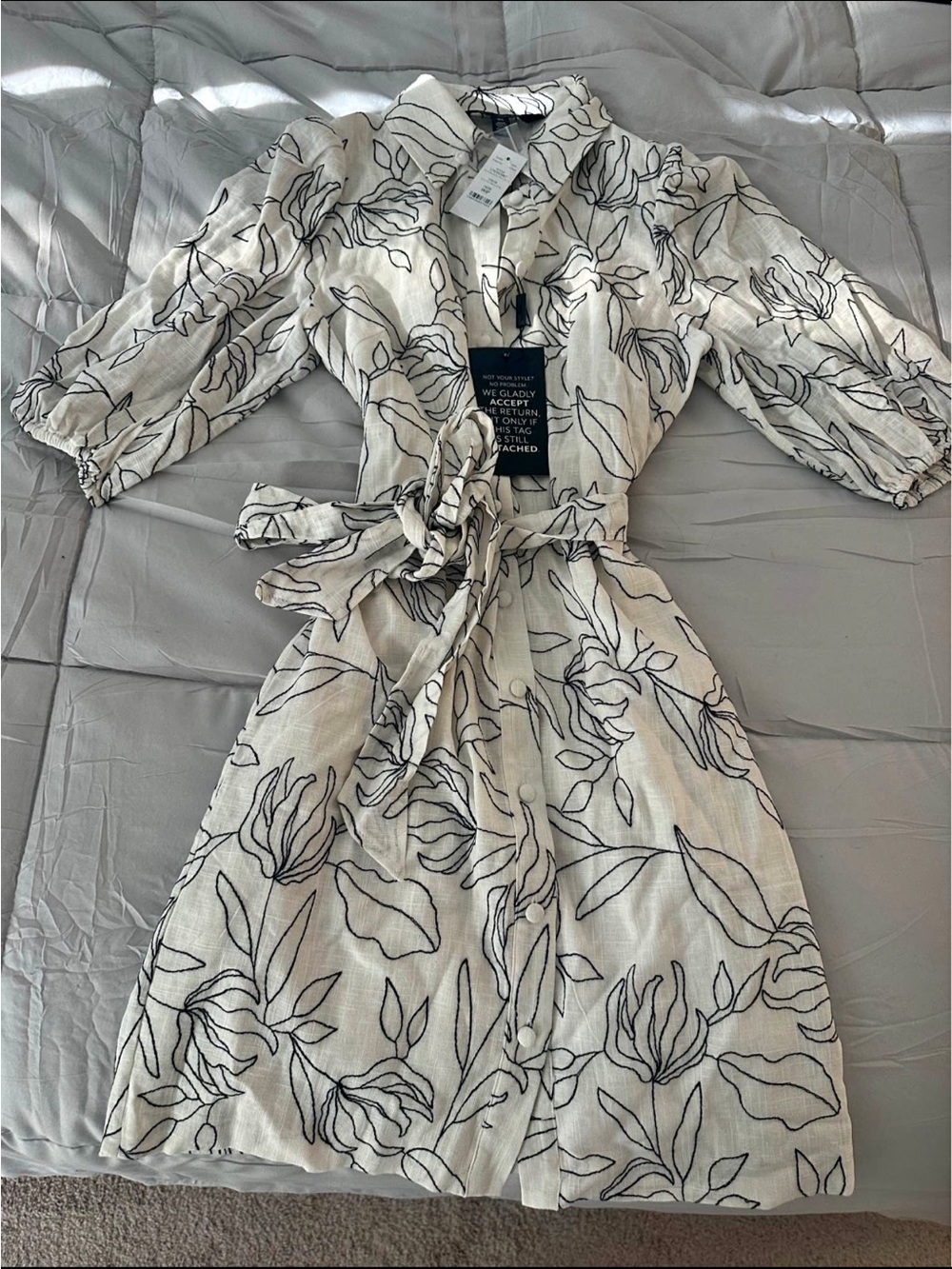 Ivory Floral Button-Front Tie-Waist Dress